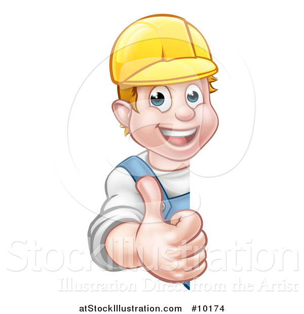 Vector Illustration of a Cartoon Happy White Male Worker Giving a Thumb up Around a Sign