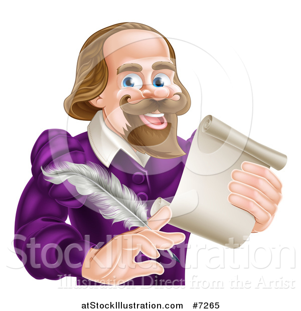 Vector Illustration of a Cartoon Happy William Shakespeare Holding a Scroll and Feather Quill, from Waist up