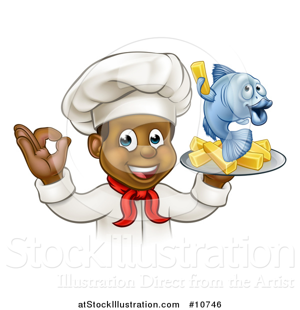 Vector Illustration of a Cartoon Happy Young Black Male Chef Holding a Fish Character and Chips on a Tray
