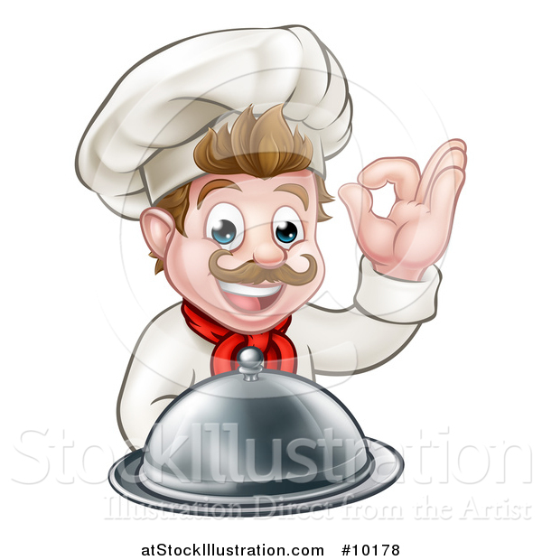 Vector Illustration of a Cartoon Happy Young White Male Chef Holding a Cloche Platter and Gesturing Ok or Perfect