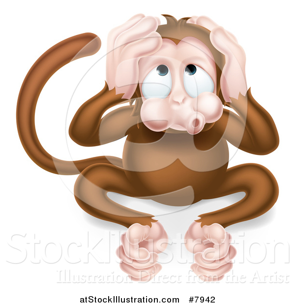 Vector Illustration of a Cartoon Hear No Evil Wise Monkey Covering His Ears