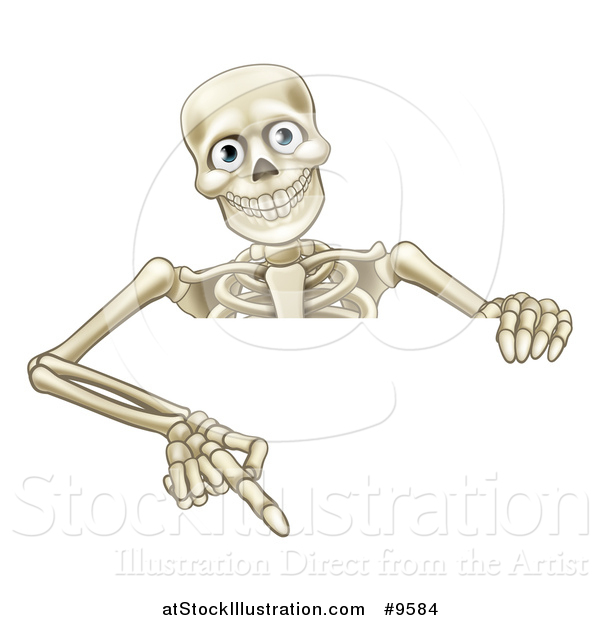 Vector Illustration of a Cartoon Human Skeleton Pointing down over a Sign