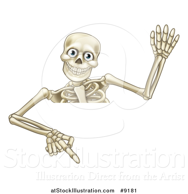 Vector Illustration of a Cartoon Human Skeleton Waving and Pointing down over a Sign