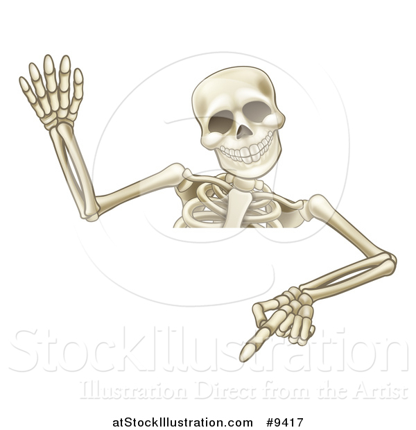 Vector Illustration of a Cartoon Human Skeleton Waving and Pointing down over a Sign