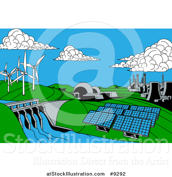 Vector Illustration of a Cartoon Landscape of Renewable Energy Plants with a Dam, Solar Panels, Wind Turbines, Coal Plants and Nuclear Plants