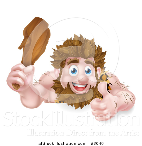 Vector Illustration of a Cartoon Muscular Happy Caveman Giving a Thumb up and Holding a Club over a Sign