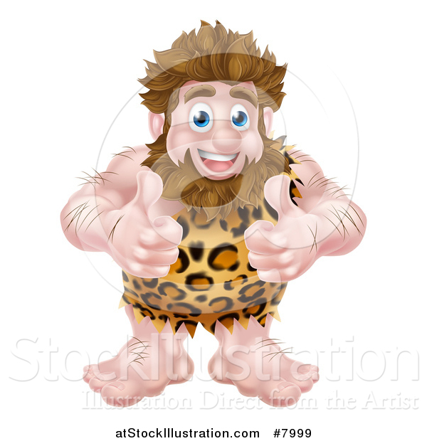 Vector Illustration of a Cartoon Muscular Happy Caveman Giving Two Thumbs up