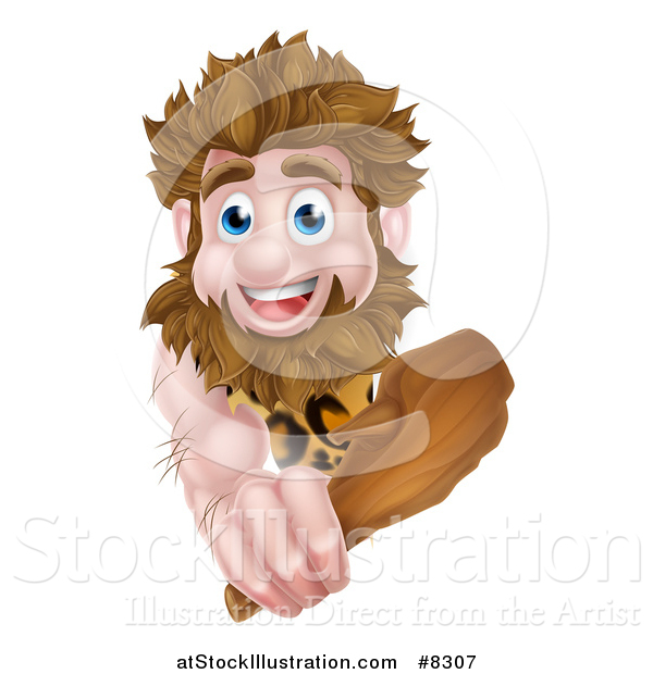 Vector Illustration of a Cartoon Muscular Happy Caveman Holding a Club Around a Sign