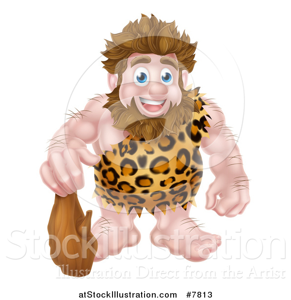 Vector Illustration of a Cartoon Muscular Happy Caveman Standing with a Club