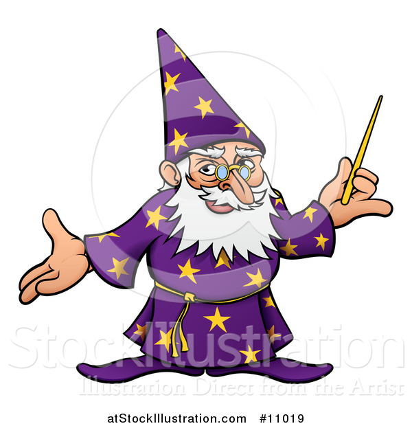 Vector Illustration of a Cartoon Old Wizard Holding a Wand and Presenting