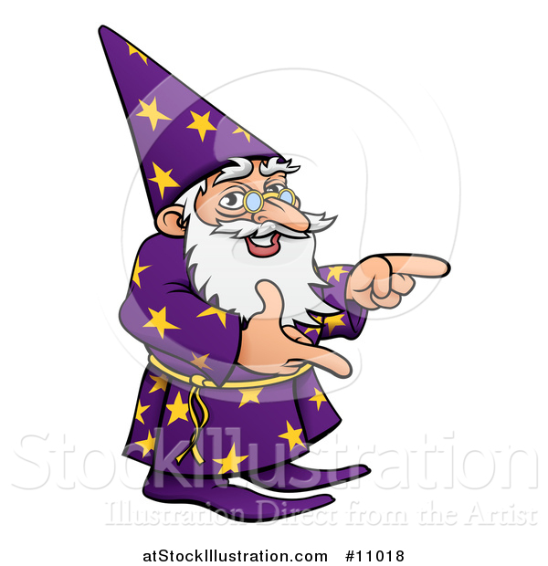 Vector Illustration of a Cartoon Old Wizard Pointing