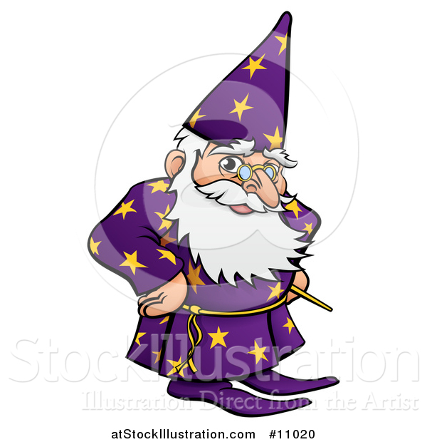 Vector Illustration of a Cartoon Old Wizard with Hands on His Hips