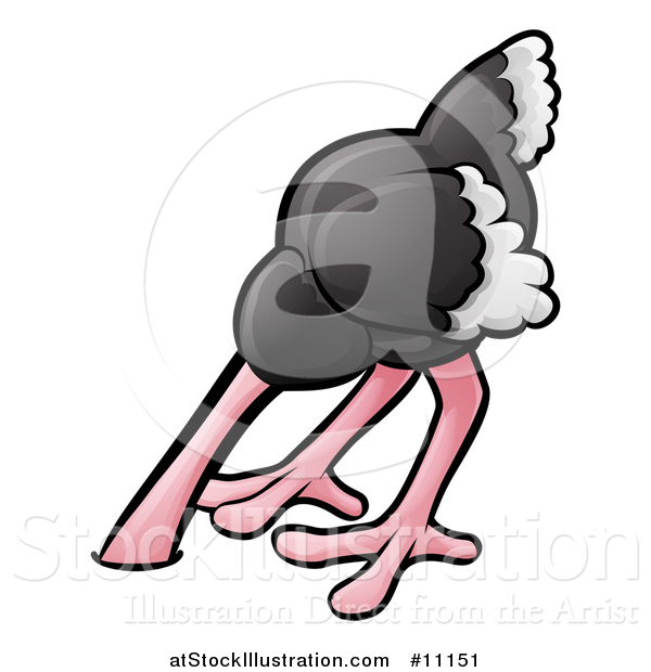 Vector Illustration of a Cartoon Ostrich Bird with Its Head in the Sand