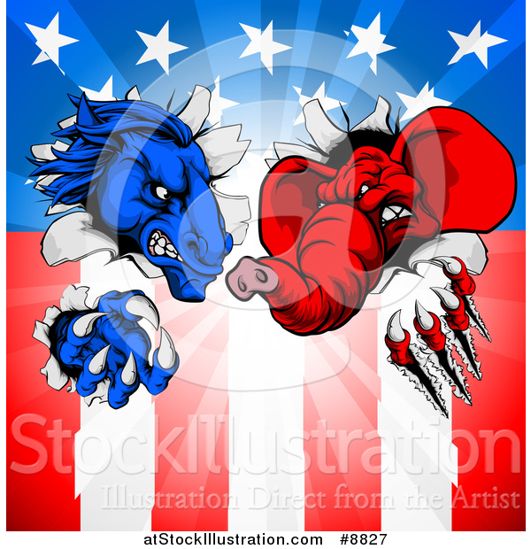 Vector Illustration of a Cartoon Political Aggressive Democratic Donkey or Horse and Republican Elephant Shredding Through an American Flag and Burst