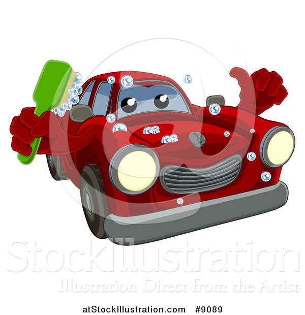 Vector Illustration of a Cartoon Red Car Character Holding a Thumb up and a Scrub Brush