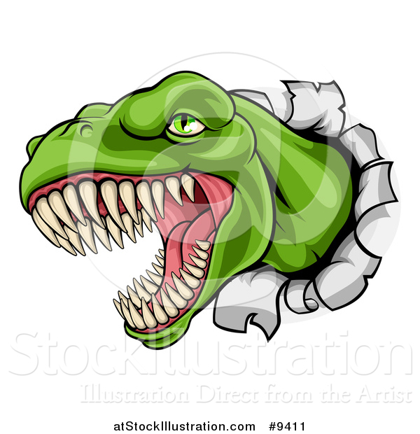 Vector Illustration of a Cartoon Roaring Angry Green Tyrannosaurus Rex Dino Head Breaking Through a Wall