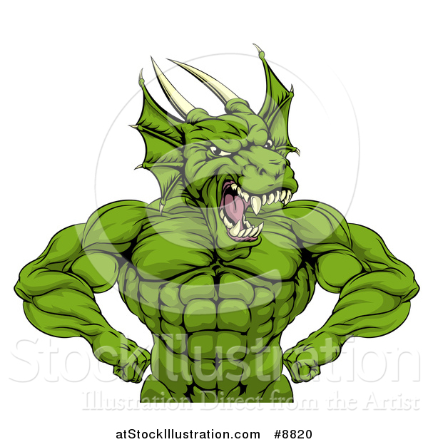 Vector Illustration of a Cartoon Roaring Green Muscular Dragon Man Flexing, from the Waist up