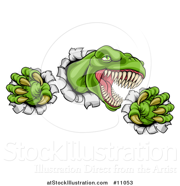 Vector Illustration of a Cartoon Roaring Green Tyrannosaurus Rex Dinosaur Slashing Through Metal