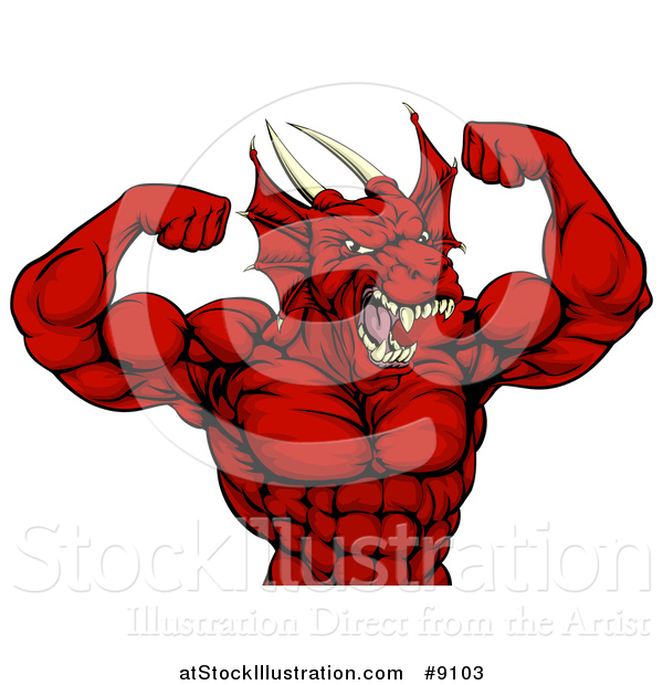 Vector Illustration of a Cartoon Roaring Red Muscular Dragon Man Flexing, from the Waist up