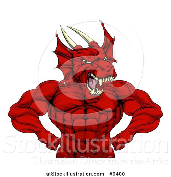 Vector Illustration of a Cartoon Roaring Red Muscular Dragon Man Flexing, from the Waist up