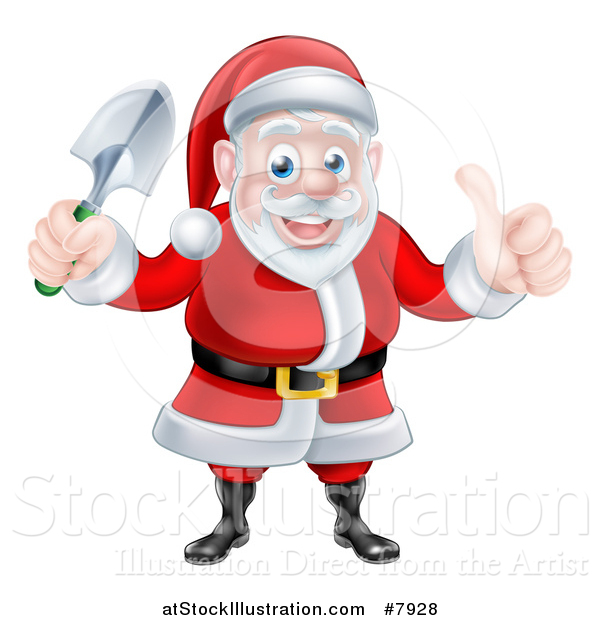 Vector Illustration of a Cartoon Santa Giving a Thumb up and Holding a Garden Trowel