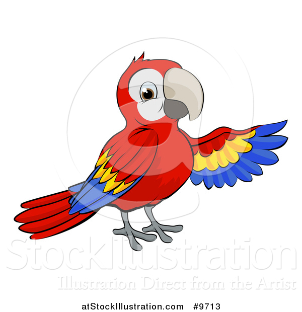 Vector Illustration of a Cartoon Scarlet Macaw Parrot Presenting to the Right