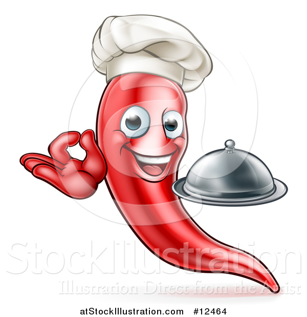 Vector Illustration of a Cartoon Spicy Hot Red Chili Pepper Chef Mascot Holding a Cloche and Gesturing Ok