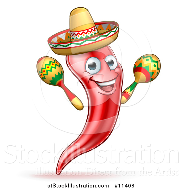Vector Illustration of a Cartoon Spicy Hot Red Chili Pepper Mascot Wearing a Sombrero and Shaking Mexican Maracas