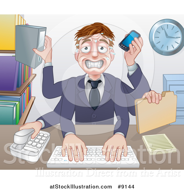 Vector Illustration of a Cartoon Stressed Caucasian Business Man Multi Tasking with Many Arms at His Office Desk