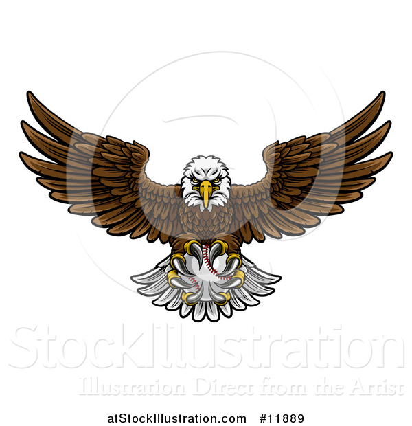 Vector Illustration of a Cartoon Swooping American Bald Eagle with a Baseball in His Talons