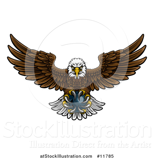 Vector Illustration of a Cartoon Swooping American Bald Eagle with a Bowling Ball in His Talons