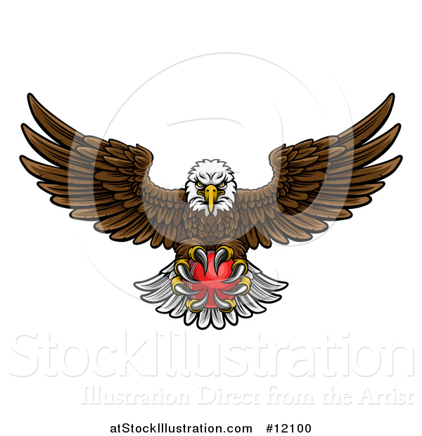 Vector Illustration of a Cartoon Swooping American Bald Eagle with a Cricket Ball in His Talons