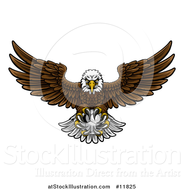 Vector Illustration of a Cartoon Swooping American Bald Eagle with a Soccer Ball in His Talons