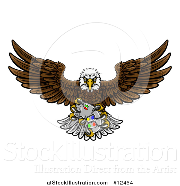 Vector Illustration of a Cartoon Swooping American Bald Eagle with a Video Game Controller in Its Claws
