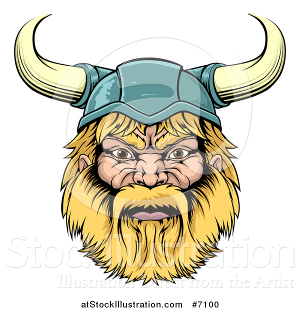 Vector Illustration of a Cartoon Tough Blond Male Viking Warrior Head with a Horned Helmet