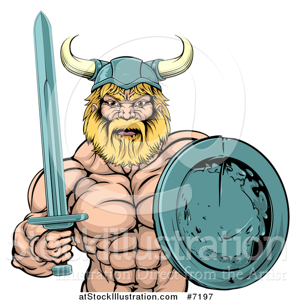 Vector Illustration of a Cartoon Tough Muscular Blond Male Viking Warrior Holding a Sword and Shield