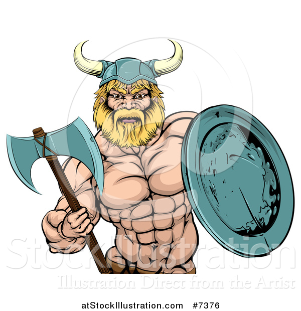 Vector Illustration of a Cartoon Tough Muscular Blond Male Viking Warrior Holding an Axe and Shield