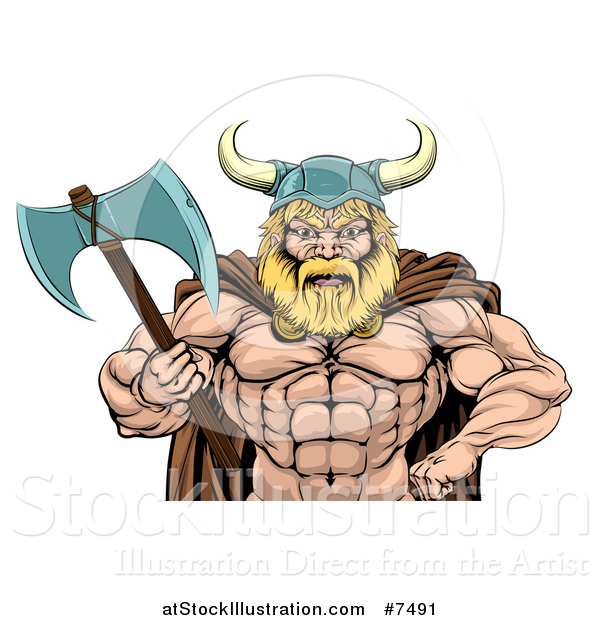 Vector Illustration of a Cartoon Tough Muscular Blond Male Viking Warrior Holding an Axe, from the Waist up