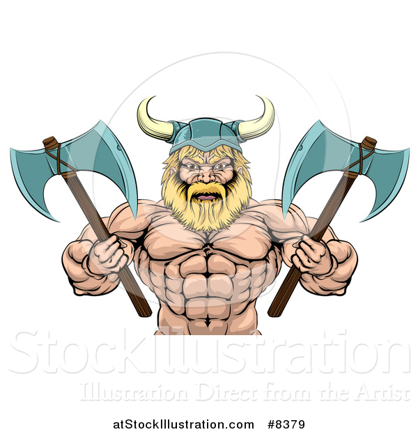 Vector Illustration of a Cartoon Tough Muscular Blond Male Viking Warrior Holding Axes, from the Waist up