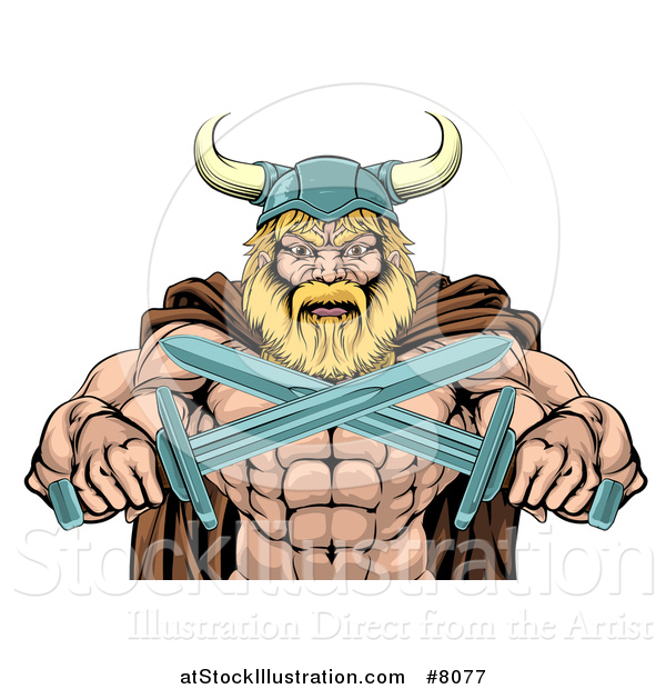 Vector Illustration of a Cartoon Tough Muscular Blond Male Viking Warrior in a Cape and Helmet, Holding Crossed Swords, from the Waist up