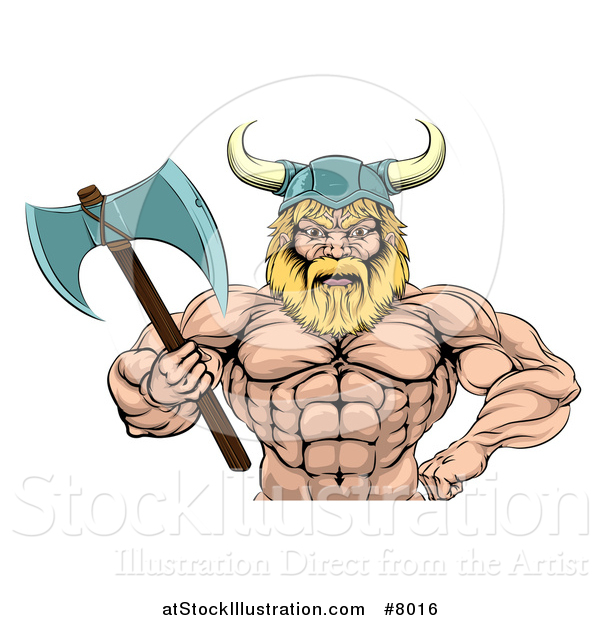 Vector Illustration of a Cartoon Tough Muscular Blond Male Viking Warrior Wearing a Cape and Holding a Battle Axe