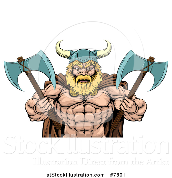 Vector Illustration of a Cartoon Tough Muscular Blond Male Viking Warrior Wearing a Cape and Holding Axes