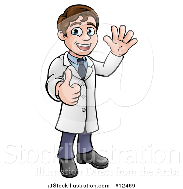 Vector Illustration of a Cartoon Young Male Scientist Waving and Giving a Thumb up