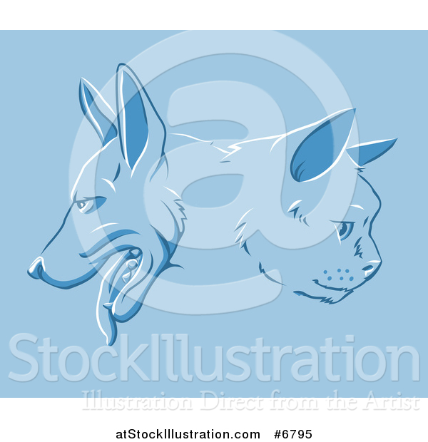 Vector Illustration of a Cat and Dog Faces in Profile over Blue