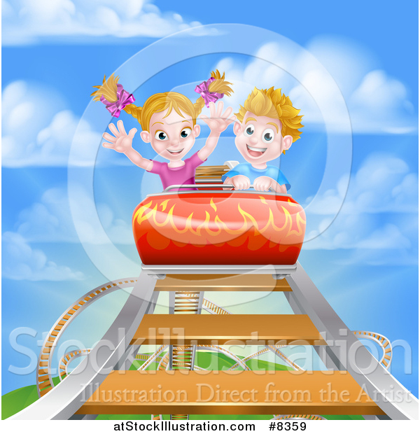 Vector Illustration of a Caucasian Boy and Girl on a Roller Coaster Ride, Against a Blue Sky with Clouds