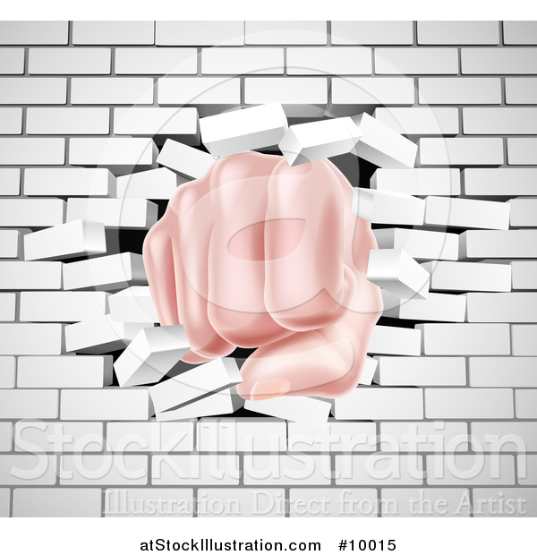 Vector Illustration of a Caucasian Fist Punching Through a 3d White Brick Wall