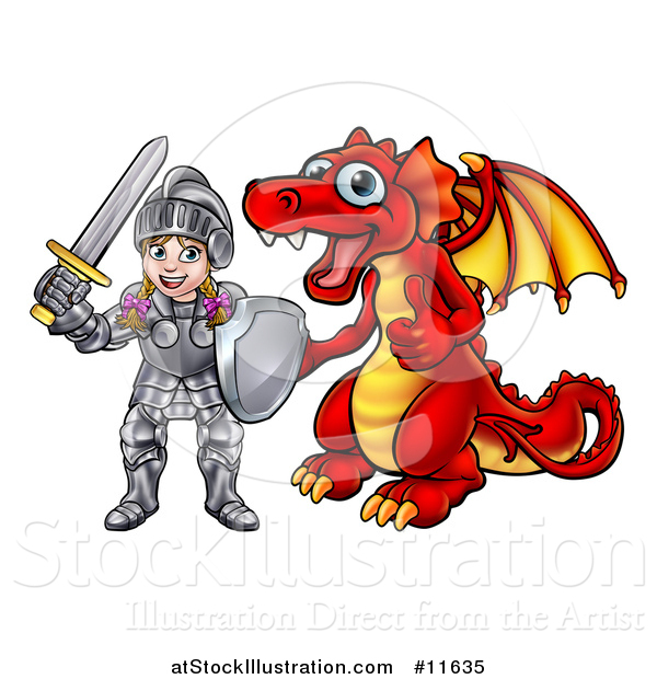Vector Illustration of a Caucasian Girl Knight by a Red Dragon