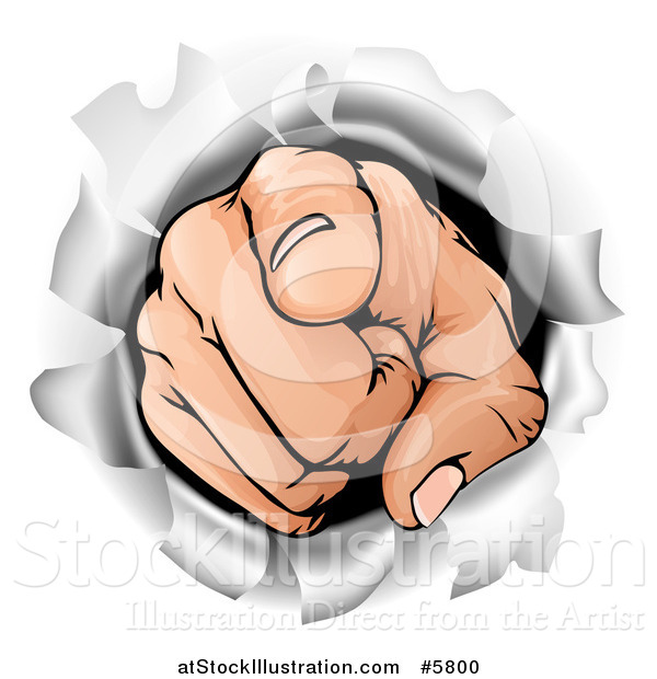 Vector Illustration of a Caucasian Hand Breaking Through a Wall and Pointing Outwards