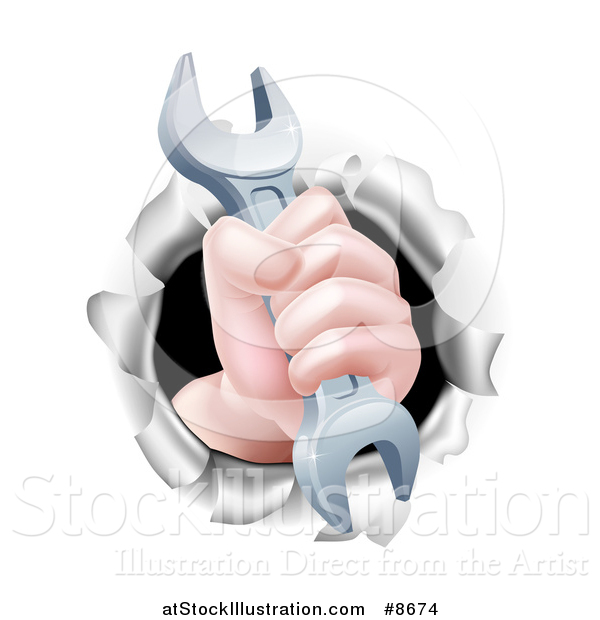 Vector Illustration of a Caucasian Hand Gripping a Wrench and Breaking Through a Wall