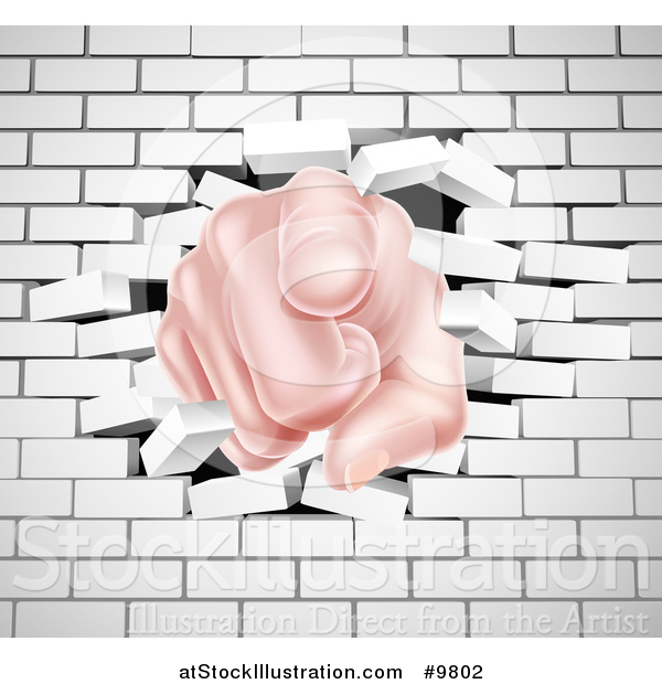 Vector Illustration of a Caucasian Hand Pointing Outwards, Breaking Through a White Brick Wall